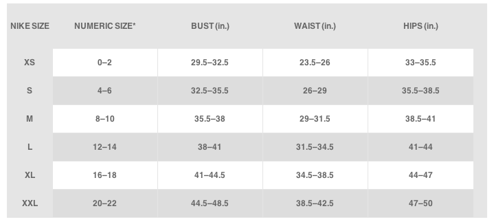 Womens Nike Shirts Size Chart